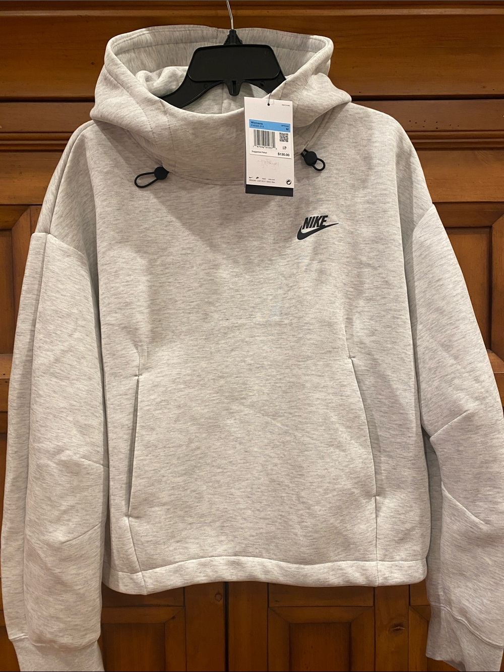Women’s Nike Tech FleeceLight Heather Gray Pullover Hoodie with Black Swoosh (M)